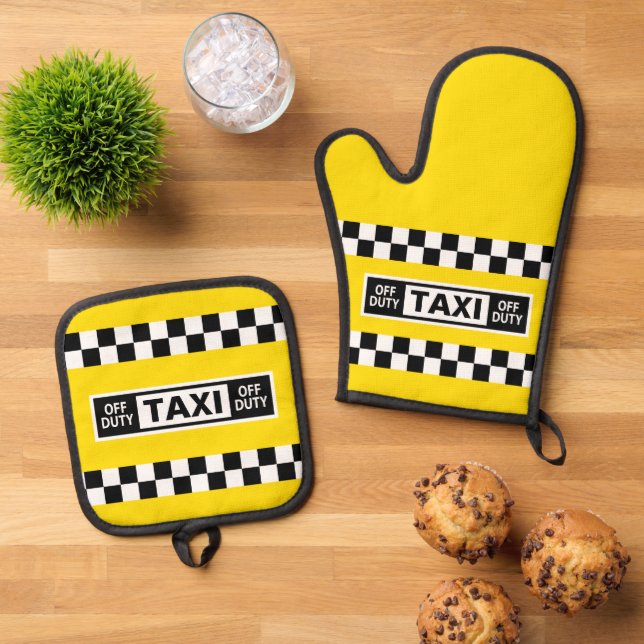 Taxi Driver Off Duty Yellow Cab Oven Mitt & Pot Holder Set (Top Down)