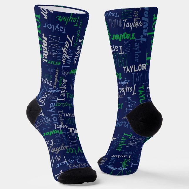 Taylor personalized name green blue grey socks (Angled)