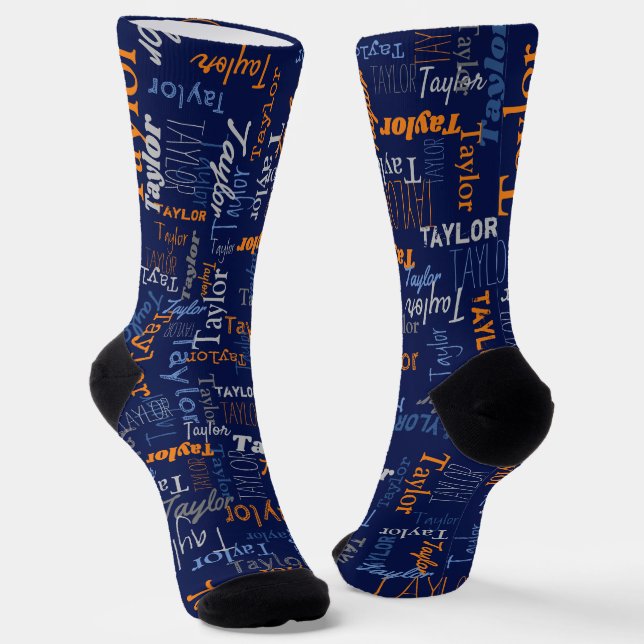 Taylor personalized name orange blue grey socks (Angled)