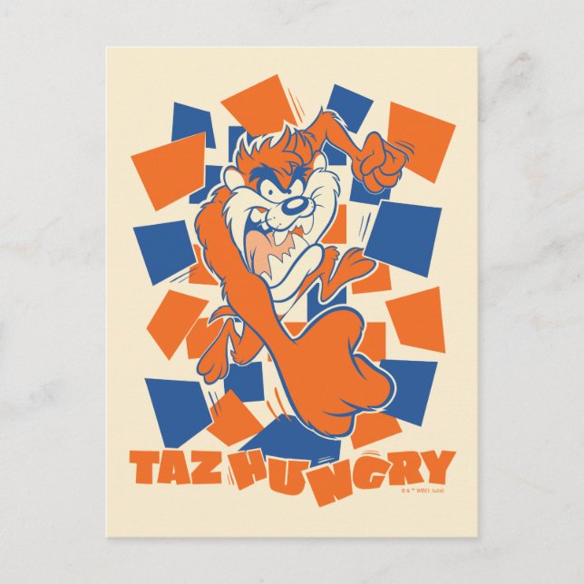 TAZ™ Hungry Smashing Through Chequered Postcard (Front)