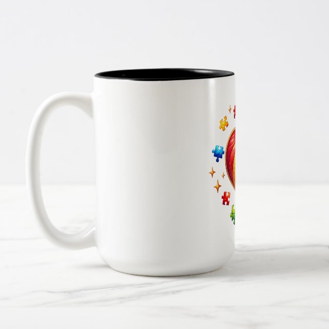 TAZA Puzzle Heart Rainbow Design Two-Tone Coffee Mug (Left)
