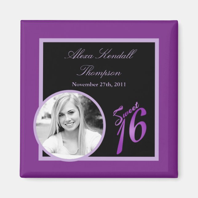 {TBA} 2"x2" Sweet 16 Purple Announcement Magnet (Front)