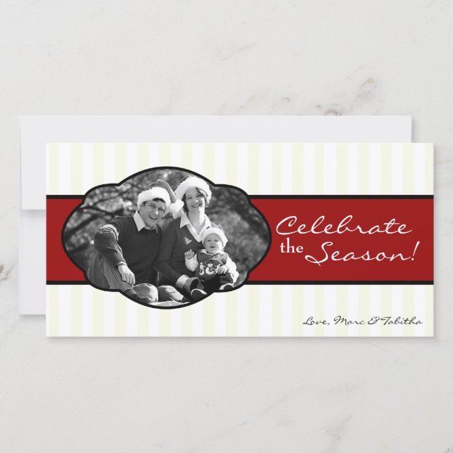 {TBA} 4x8 Red Striped Frame PHOTO Christmas Card (Front)