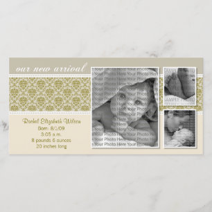 {TBA} 8x4 Taupe Baroque 3-Photo Birth Announcement