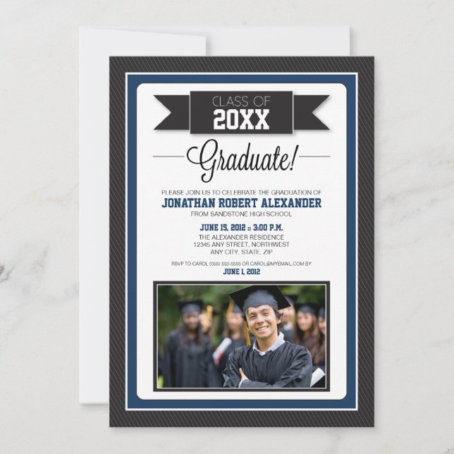 {TBA} Classic Graduation Party Invitation (navy) (Front)