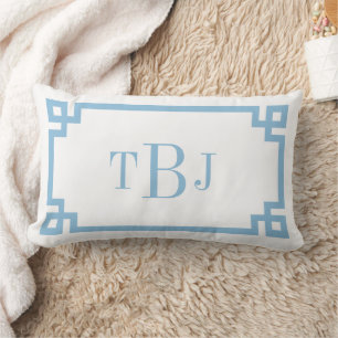 TBJ Sky Blue Greek Key Monogram Lumbar Pillow