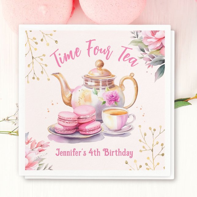 Tea 4th Birthday Pink Girl Tea Party Napkin (Creator Uploaded)