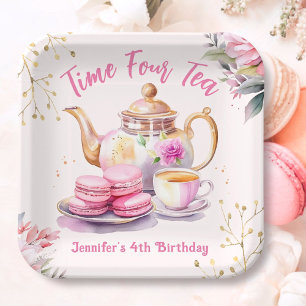 Tea 4th Birthday Pink Girl Tea Party Paper Plate
