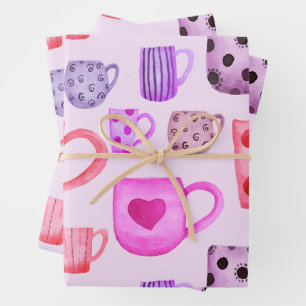Tea and Coffee Mugs Colourful Pink and Purple  Wrapping Paper Sheet