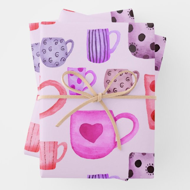 Tea and Coffee Mugs Colourful Pink and Purple  Wrapping Paper Sheet (In situ)