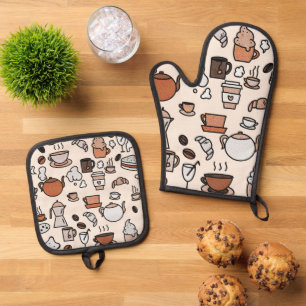 Tea and Coffee Shop Objects Pattern Oven Mitt & Pot Holder Set