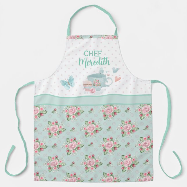 Tea and Cupcake Time Personalized Green & Pink  Ap Apron (Front)