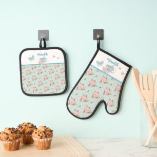 Tea and Cupcake Time Personalized Oven Mitt & Po Pot Holder Set