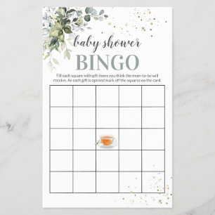 Tea and Greenery Baby Shower Game Bingo Card Flyer