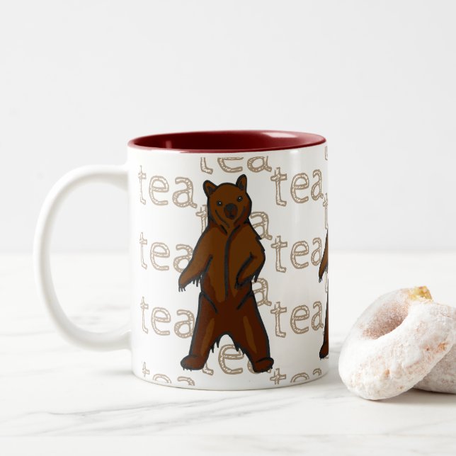 Tea Artistic Wild Grizzly Brown Bear Two-Tone Coffee Mug (With Donut)