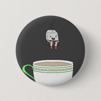 Tea bag jumping in cup of tea 2 inch round button
