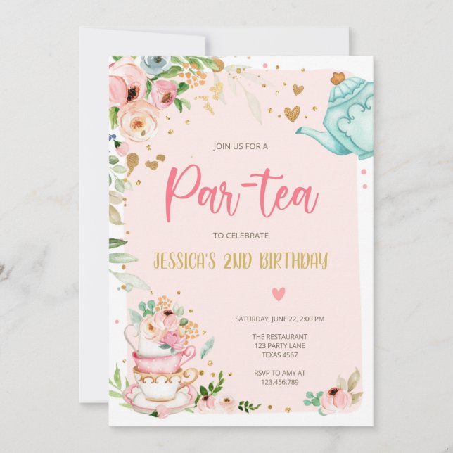 Tea Birthday Invitation Girl Party Par-tea Floral (Front)