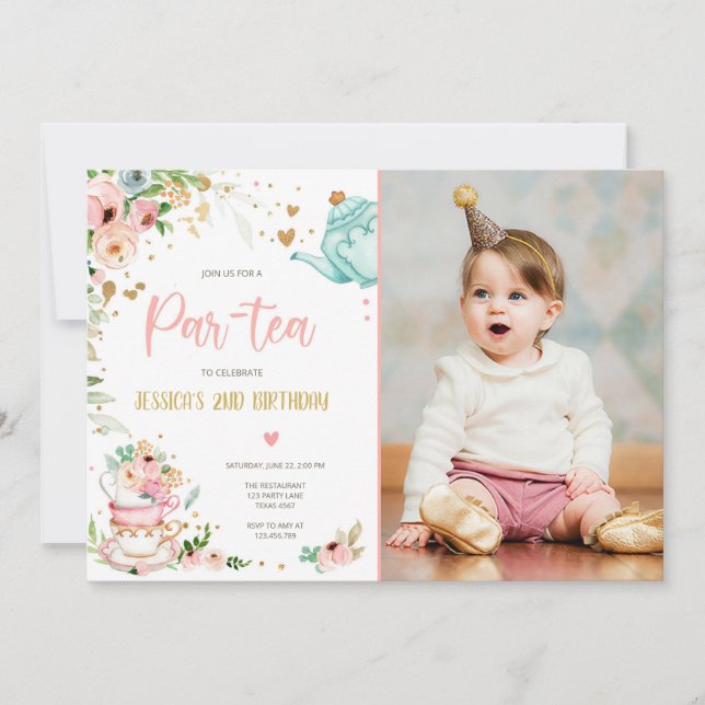 Tea Birthday Invitation Girl Party Par tea Floral (Devant)