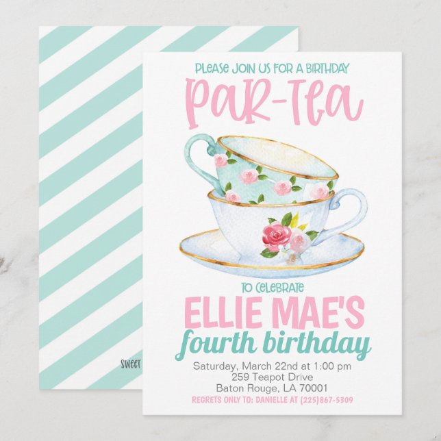 Tea Birthday Party Invitation (Front/Back)
