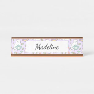 Tea & Bookish Cats Personalized Desk Name Plate