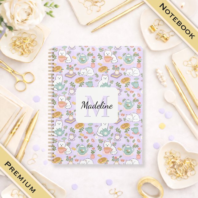 Tea & Bookish Cats Spiral Notebook Personalized (Creator Uploaded)