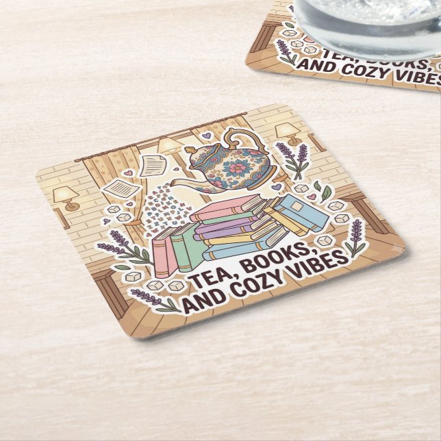 Tea, Books, and Cozy Vibes Square Paper Coaster (Angled)