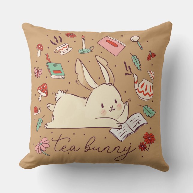 Tea Bunny Throw Pillow (Front)