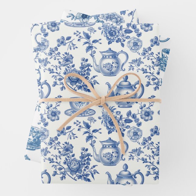 Tea Chinoiserie French Toile Du Jouy Pattern Wrapping Paper Sheet (In situ)