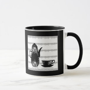 Tea coffee pot cup black white illustration retro