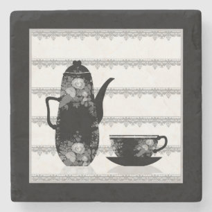 Tea coffee pot cup black white illustration retro stone coaster