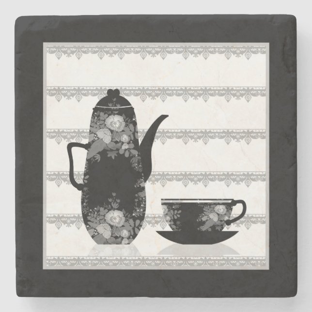 Tea coffee pot cup black white illustration retro stone coaster (Front)