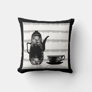 Tea coffee pot cup black white illustration retro throw pillow