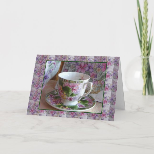 Tea Cup and Violet Bouquet Tea Cozy Greeting Card (Front)