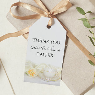 Tea Cup and White Rose Flower Wedding Favour Tags