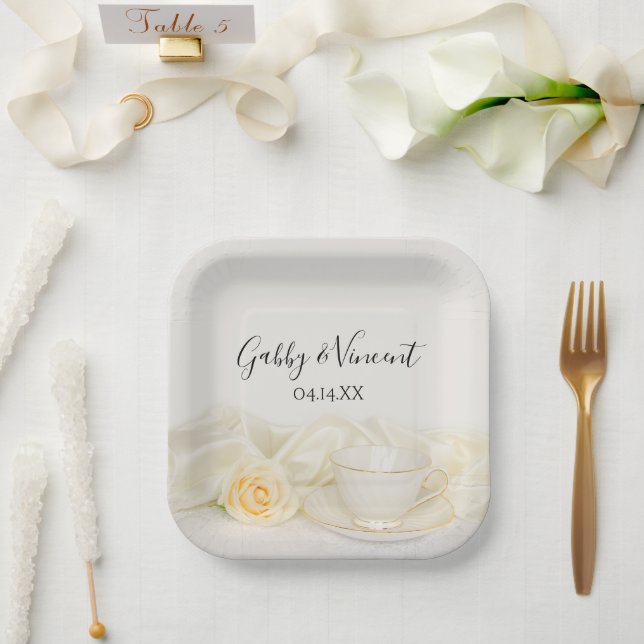 Tea Cup and White Rose Wedding Paper Plate (Wedding)