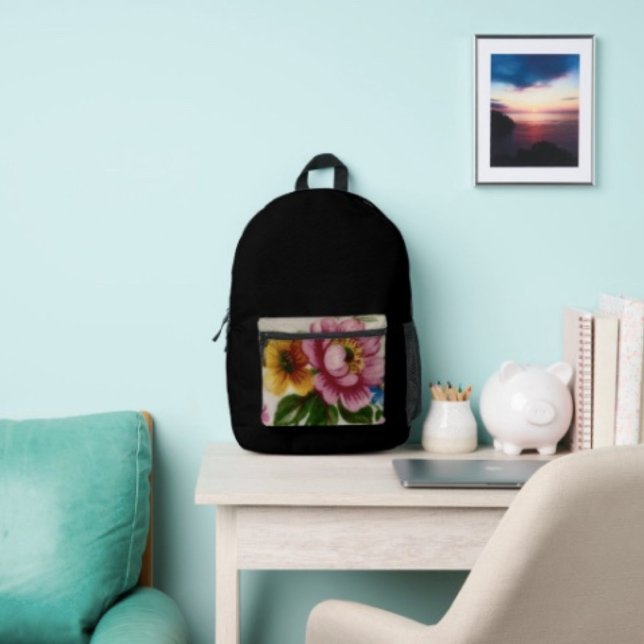 Tea Cup Floral Bouquet  Printed Backpack (Backpack – D: 17"x12.5"x5" Two-chamber design with laptop storage pouch. Mesh side pocket.
)