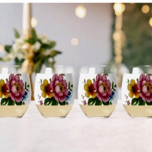 Tea Cup Floral Bouquet  Stemless Wine Glass