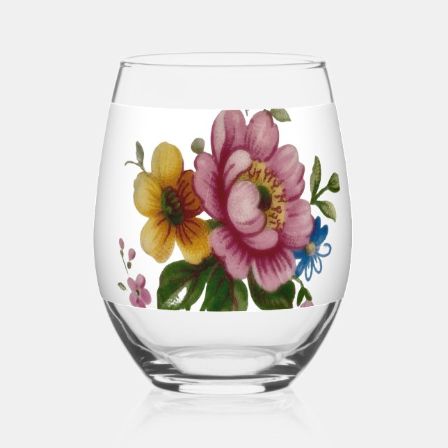 Tea Cup Floral Bouquet  Stemless Wine Glass (Front)