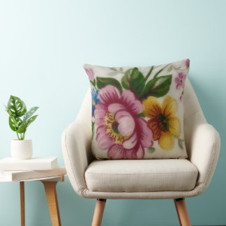 Tea Cup Floral Bouquet Throw Pillow