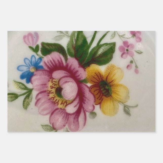 Tea Cup Floral Bouquet Wrapping Paper Sheet (Front)