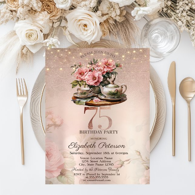  Tea Cup Flowers Glitter Rose Gold 75th Birthday   Invitation (Creator Uploaded)
