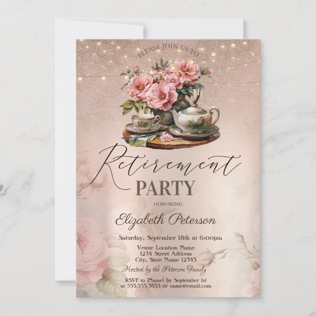 Tea Cup Flowers Glitter Rose Gold Retirement Party Invitation (Front)