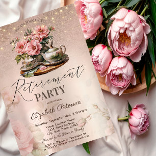 Tea Cup Flowers Glitter Rose Gold Retirement Party Invitation