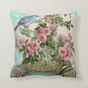 Tea cup flowers throw pillow