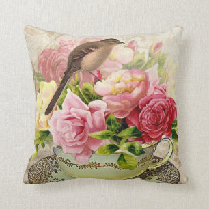 Tea cup flowers throw pillow