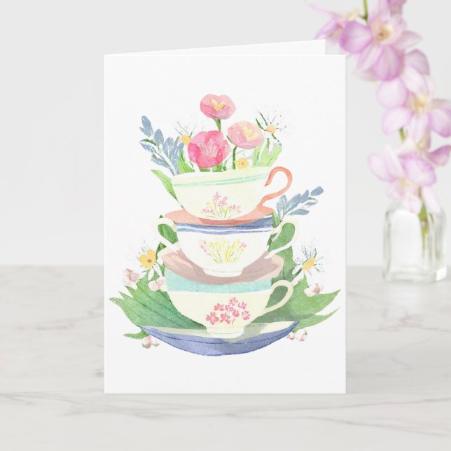 Tea cup stack in pastel with flowers card (Orchid)