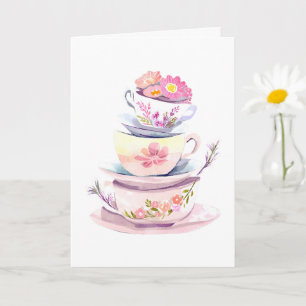 Tea cup stack in pastel with flowers happy birthda card