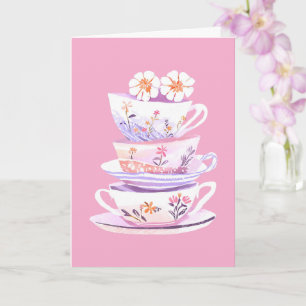 Tea cup stack in pastels and flowers blessings card