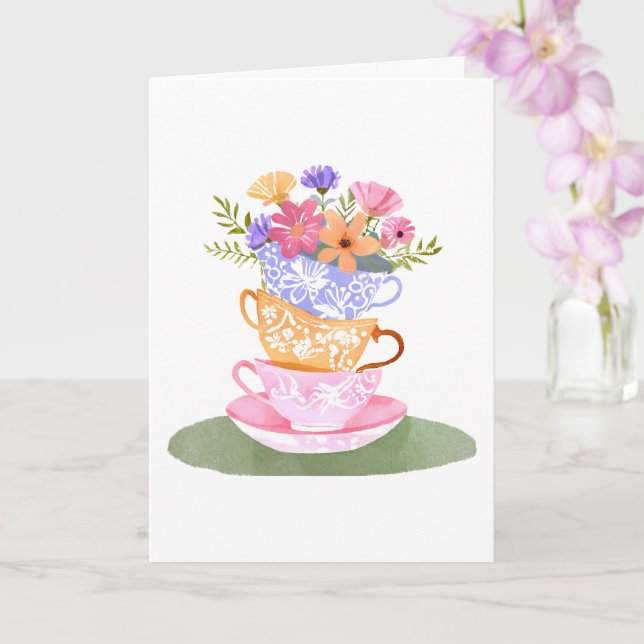 Tea cup stack in pastels with flowers get well card (Orchid)