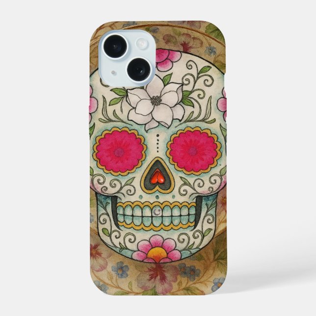 Tea Cup Sugar Skull iPhone 15 Case (Back)